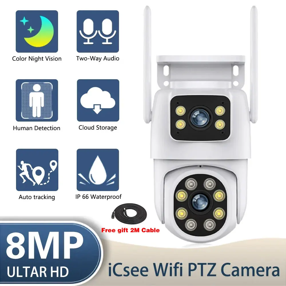 

Outdoor 4K Dual Lens Wifi IP Security Camera with Auto Tracking Wireless PTZ CCTV Surveillance and 8MP Color Night Vision IP Cam