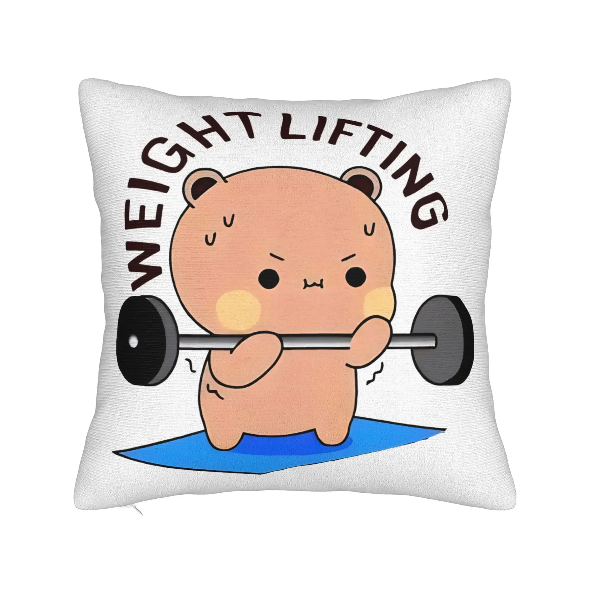 Cute Cartoon Bear Weight Lifting Sweatshirt Pillow Funny Gym Workout Motivational Couch Cushion Decor