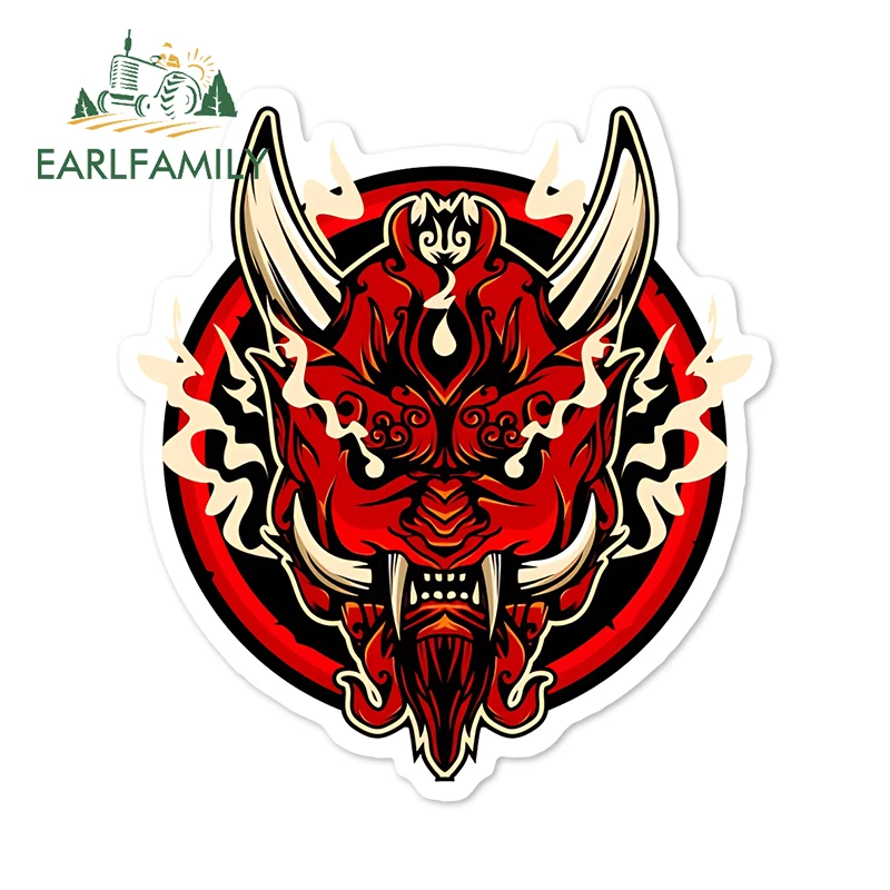 EARLFAMILY 13cm x 11.9cm Tusk Devil Peek Car Sticker Original Red Face Japanese Demon Caravan Decal Tumbler Funny Car Styling