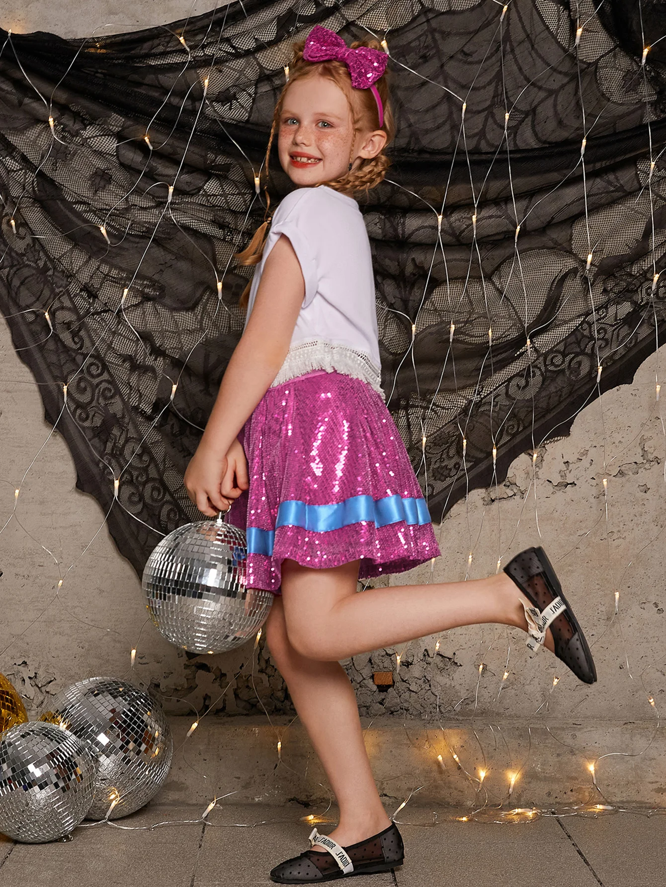 Girls Shiny Sequin High Waist Pleated Skirt with Satin Ribbon Design And Bright Butterfly Knot Hairband
