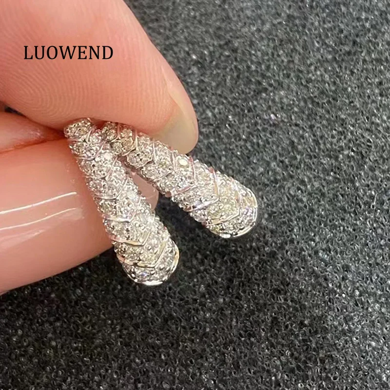 LUOWEND 18K White Gold Earrings Fashion Simple Style 0.50carat Real Natural Diamond Hoop Earrings for Women High Party Jewelry