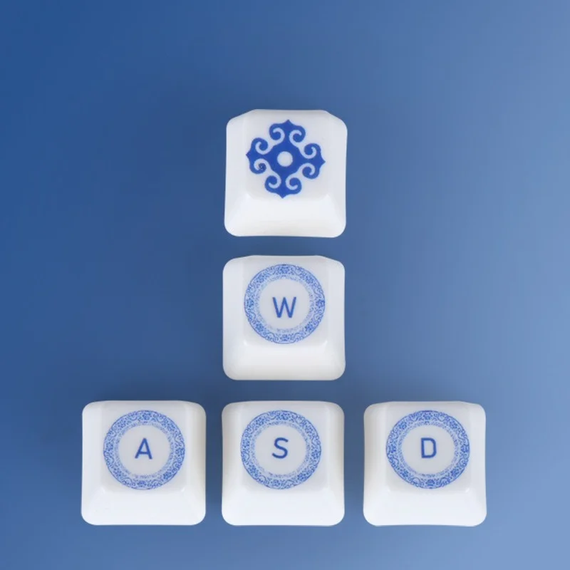 ESC WASD Ceramic Keycaps 5 Pcs Blue and White Porcelain Classic Pattern Mechanical Keyboard Factory Height