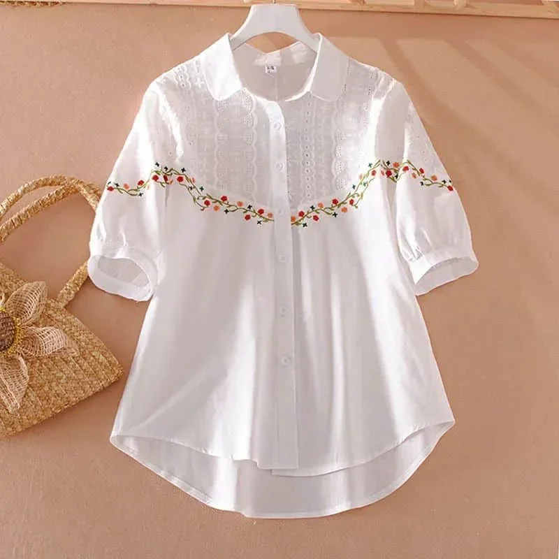 

Cotton Shirts for Women Embroidery Vintage Polo-neck Loose Half Sleeve Casual Korean Fashion Single Breasted Blouse Women Tops