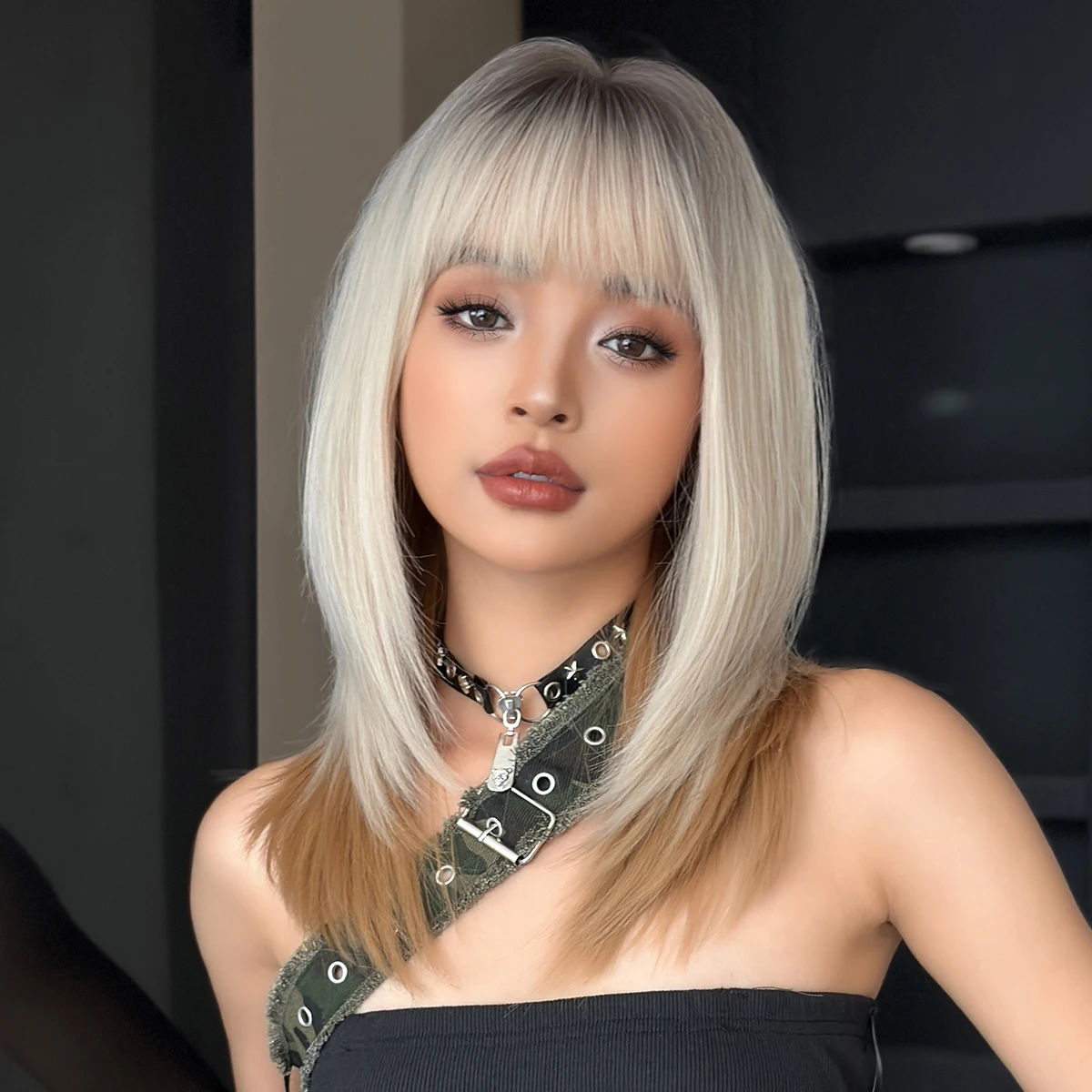 Shoulder Length Straight Beige Ombre Brown Wig for Women Synthetic Layered Modest Fashion Wear and Go Wigs with Neat Bangs