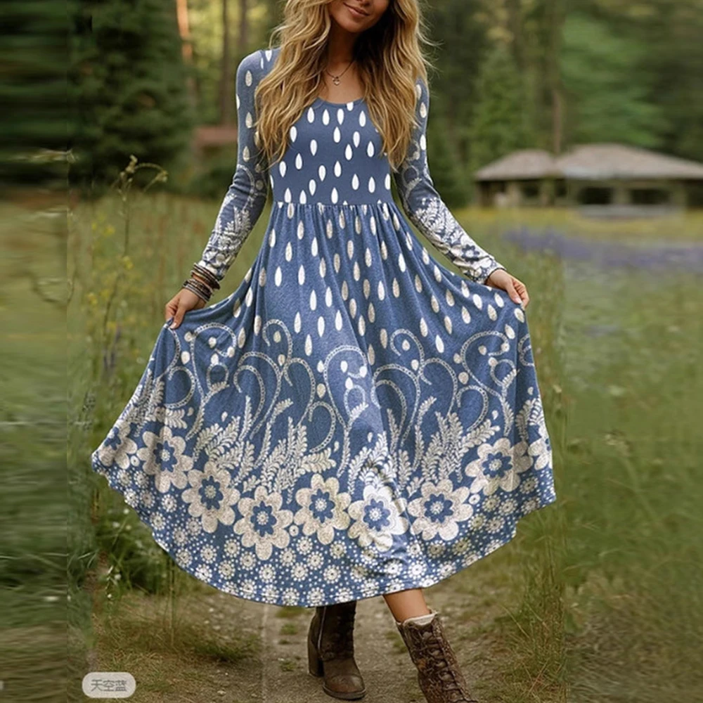 Autumn New Womens Print Dress O-Neck Long Sleeve Fashion Casual Art Pullover Holiday Vintage Female Dresses