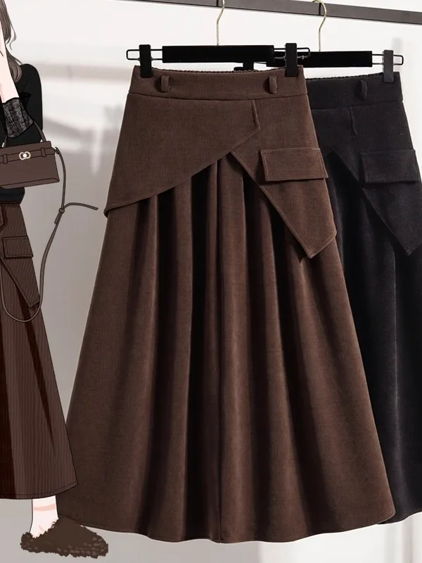 

Большие размеры, осенне-зимняя модная утягивающая юбка-миди с высокой талией, юбка трапециевидной формы, повседневная женская юбка кофейного цвета f-длины
