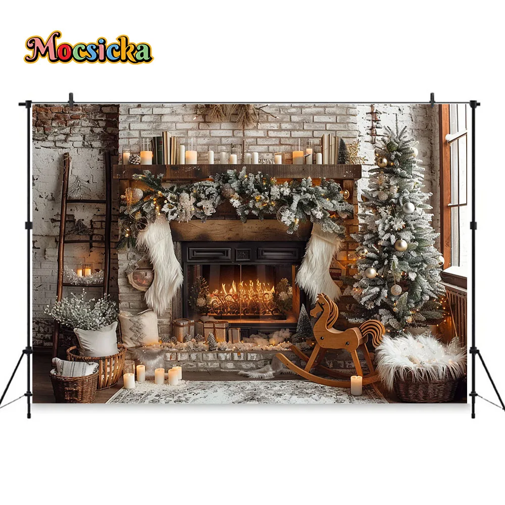 Fireplace Photography Background Christmas Room Brick Wall White Socks Decor Baby Show Backdrop Winter Pine Tree Candl Photozone