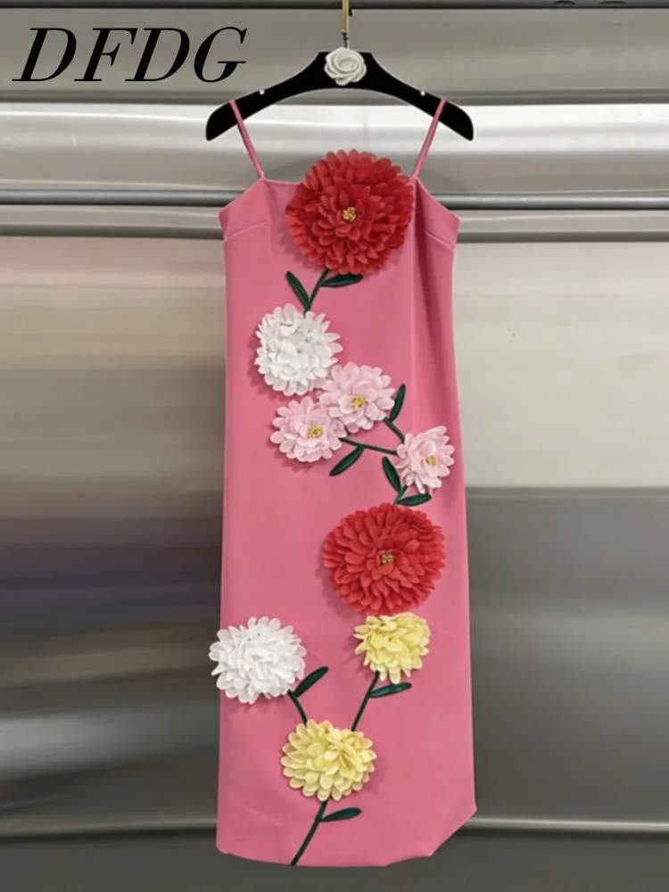 DFDG femmes printemps été rose 3D Floral Cami robe Maxi sans manches doux décontracté tenue de fête 2025 à la mode robe de mode féminine