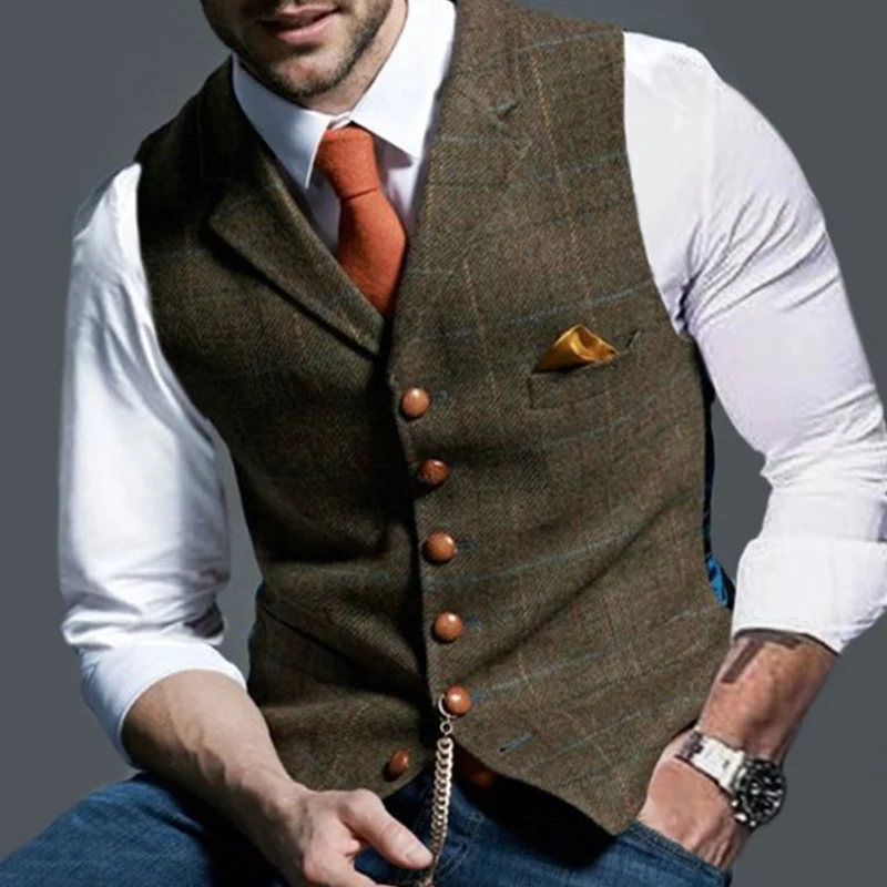 Spring Autumn Men's Casual Plaid Vintage Suit Vest Fashionable Slim Fit Waistcoat Jacket Outdoor Coats Man Clothing