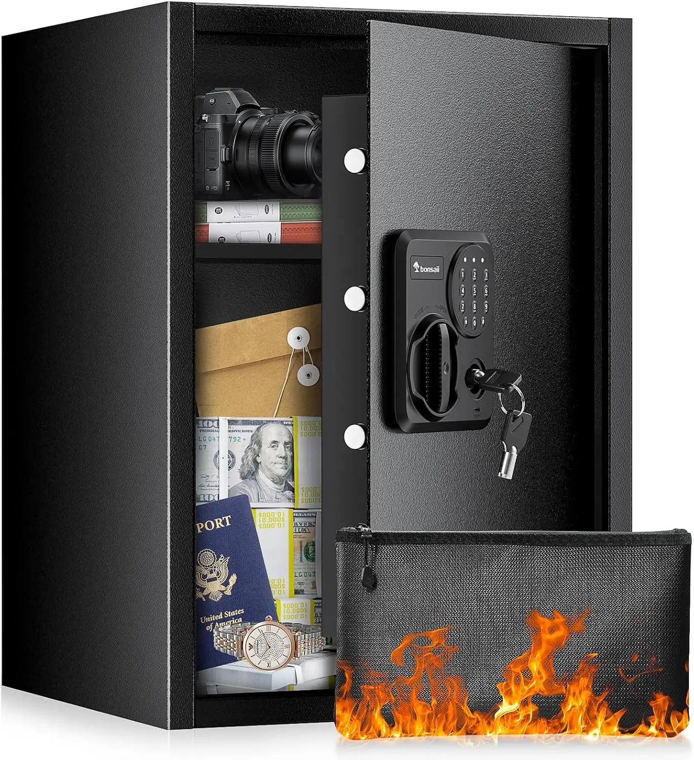 1.8 Cubic Feet Security Home Safe with Digital Keypad & Fireproof Bag, Fire-Resistant Security Box for Jewelry, Cash, Guns | Fir