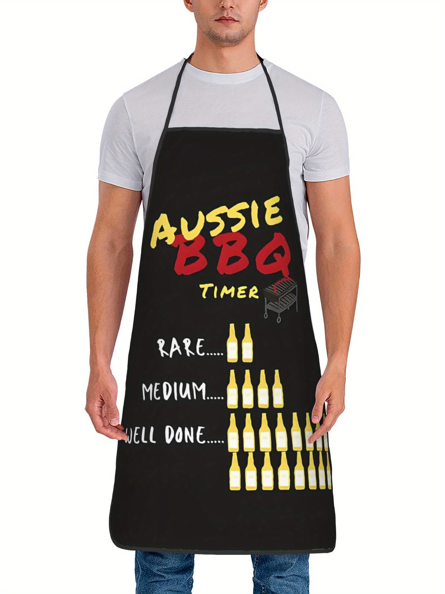 Aussie BBQ Timer Apron - Funny Grilling Beer Chart Graphic Linen Bib for Men Women Outdoor Cooking Party Gift Decor