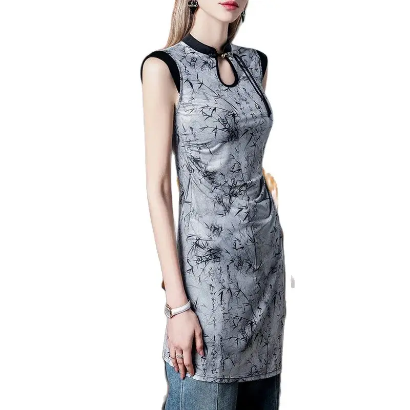 Vestido Cheongsam MadBlack para mulheres, estampa clássica, tops de malha fina, vestidos Midi sem mangas, roupas chinesas novas, primavera, D43032JC