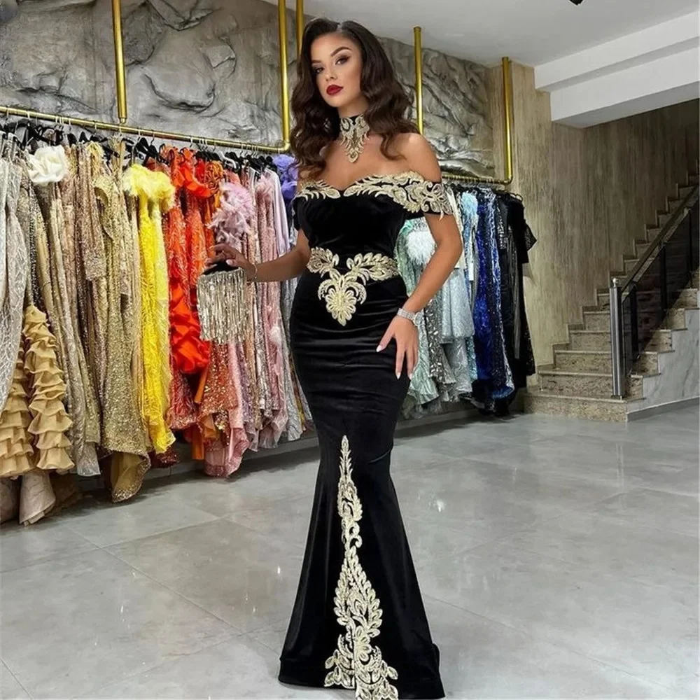 

Black Moroccan Kaftan Muslim Evening Dresses Mermaid Off The Shoulder Appliques Dubai Arabic Abaya Islamic Gown Customized