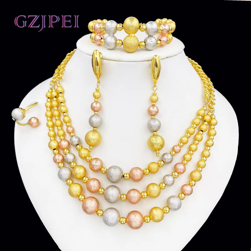 

GZJPEI 2025 New Multi Layer Women Jewelry Set Matte Frosting Texture Round Beads Necklace Set For Bridal Wedding Jewellwey Gift