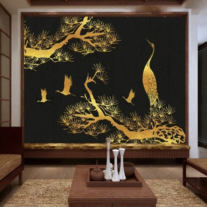 Chinese-style pine and crane texture artistic conception TV sofa luxurious home decoration background wall paper
