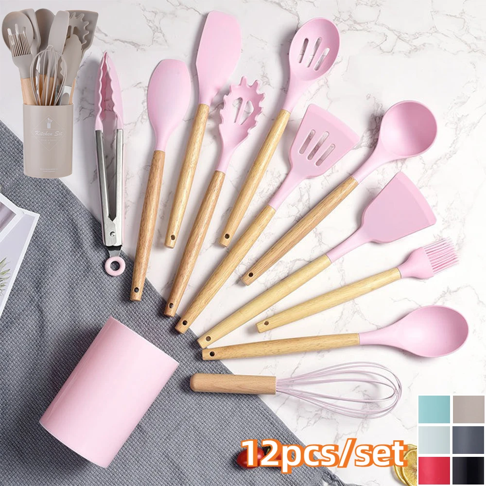 

Kitchen Set Kit 12 Pieces Silicone Kitchen Tools Food Grade Silicone Material Solid Color Kitchen Cooking Accessories Utensils