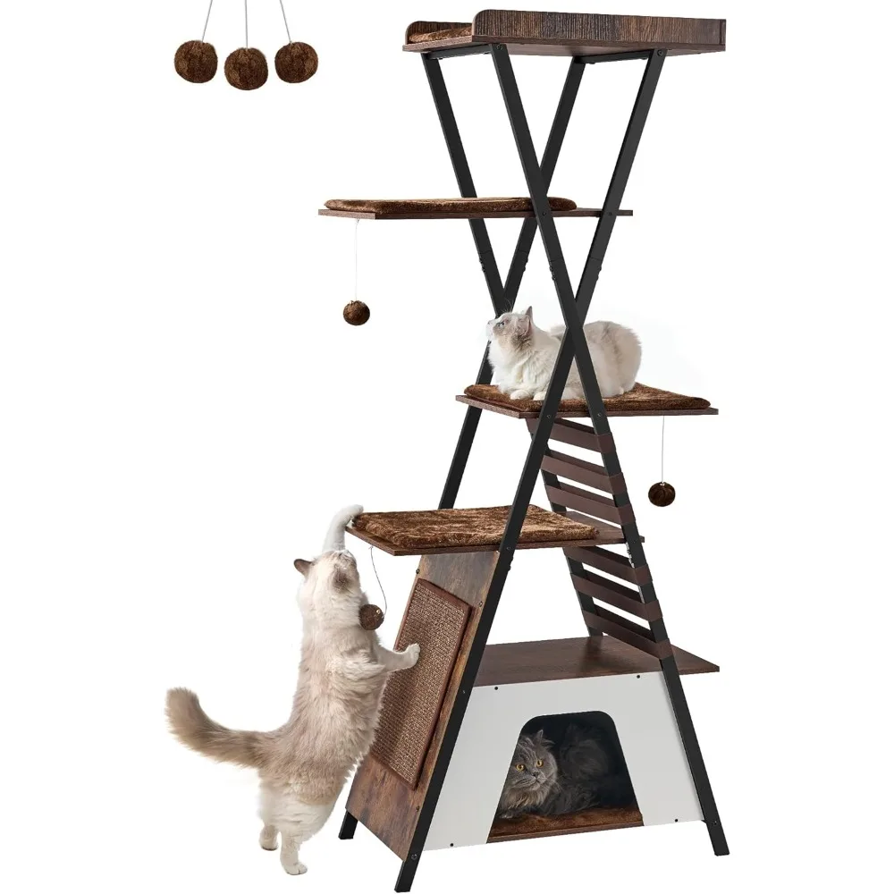 

72.4 Modern Cat Tower for Indoor Cats - Multi-Level Condo With Caves, Tall Tree With Scratching Board, Wooden Tower