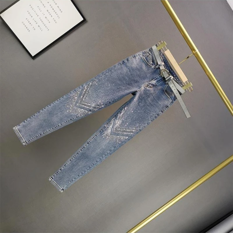 

Women's Cotton Stretch Skinny Jeans Rhinestone Details High Waist Cropped Tapered 2026 New European Style Slim Fit Denim