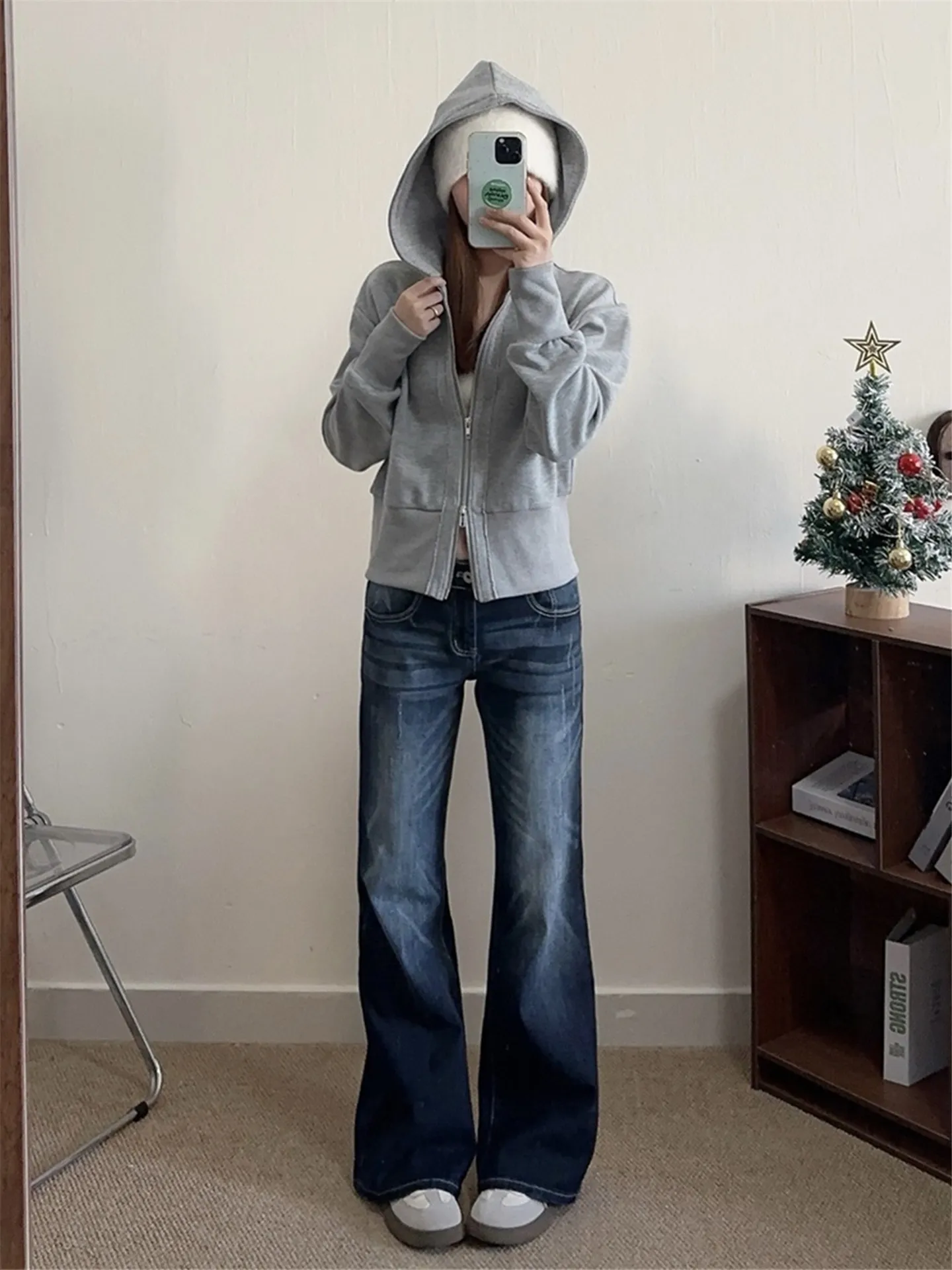 Extended Length Low Waist Flared Straight Leg Jeans Women's Autumn Winter Loose Slimming Distressed Design Casual Cotton Pants