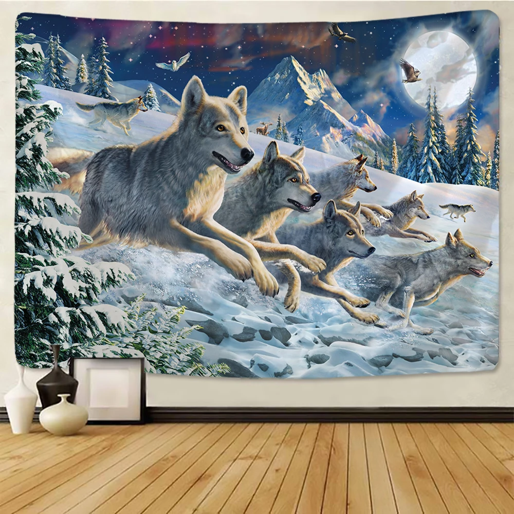 Cool Wolf Tapestry for Men, Fantasy Wild Animal Psychedelic Moon Tapestry, Mountian Forest Wall Hanging College Dorm Home Decor
