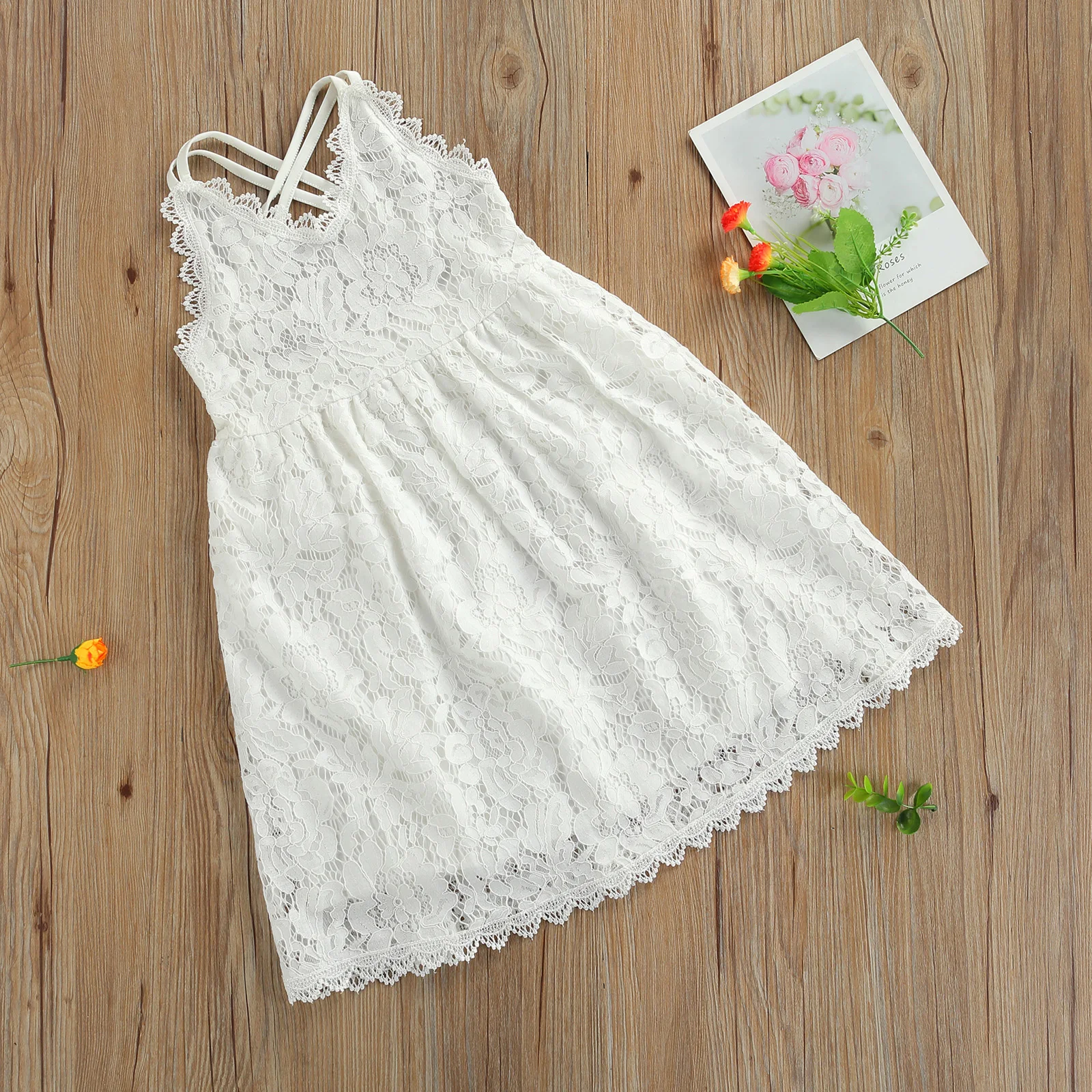 Kids Lace White Floral V-Neck Sleeveless Spaghetti Strap Sundress