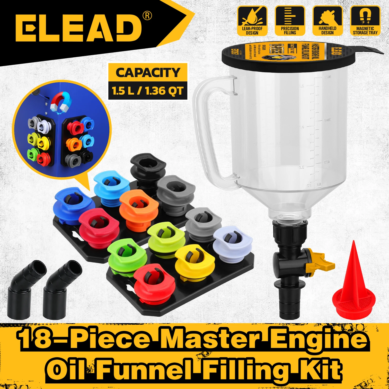 ELEAD 18Pcs Engine Oil Funnel Filling Kit, 1.36qt/1.5L Coolant Funnel Set, Funnels for Automotive Use