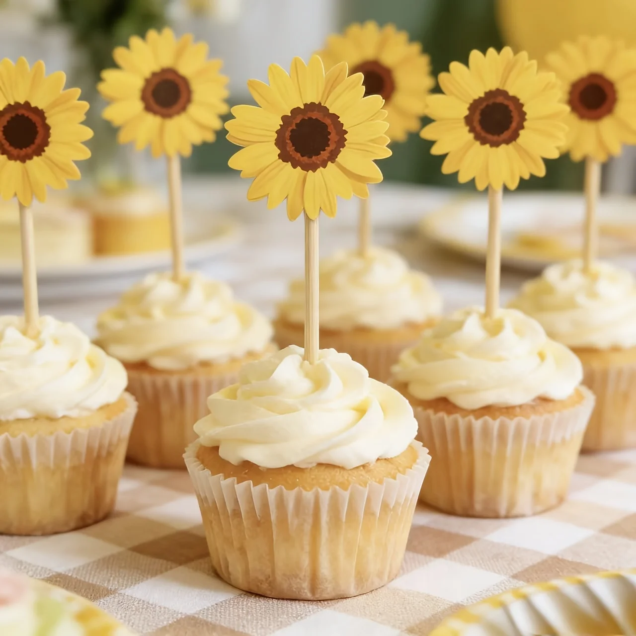 20 Stück Sonnenblumen-Cupcake-Topper, Hahnenschwanz-Picks, Vorspeisen-Zahnstocher, Obstspieße, geeignet für Sandwiches und Desserts