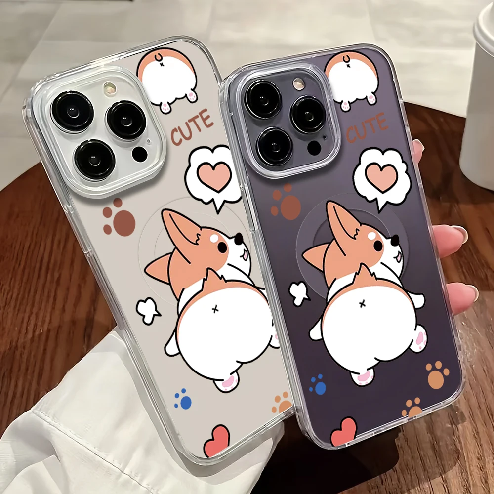 Cute cartoon corgi puppy Phone Case For iPhone 11 12 13 14 15 16 Pro Max Plus Magesafe Magnetic Transparent Charge Soft Shell