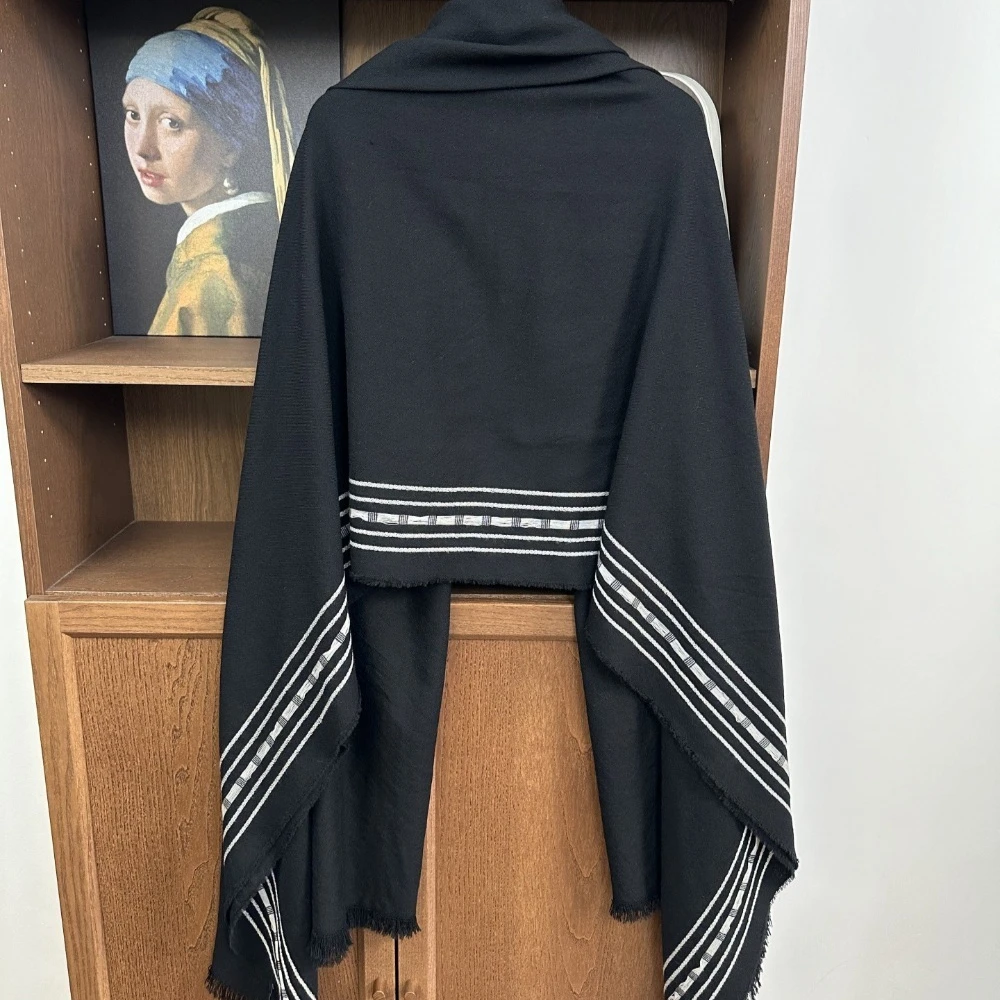 شال وشاح جاكار مخطط من الصوف الخالص بنسبة 100% بتصميم بسيط