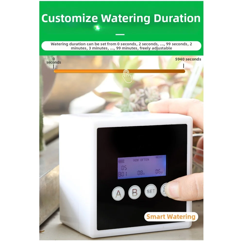 

Smart Timer Controlled Dual Pump Watering System for Indoor Plants Featuring Large LED Display and Adjustable Watering Cycles