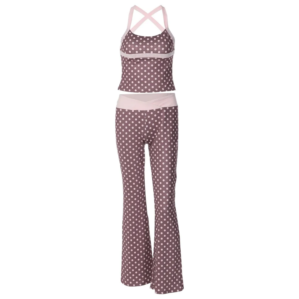 Polka Dot Print Set Full Length Fresh Sweet with Mid Stretch No Sleeves Individual Street Country Style Summer for Women