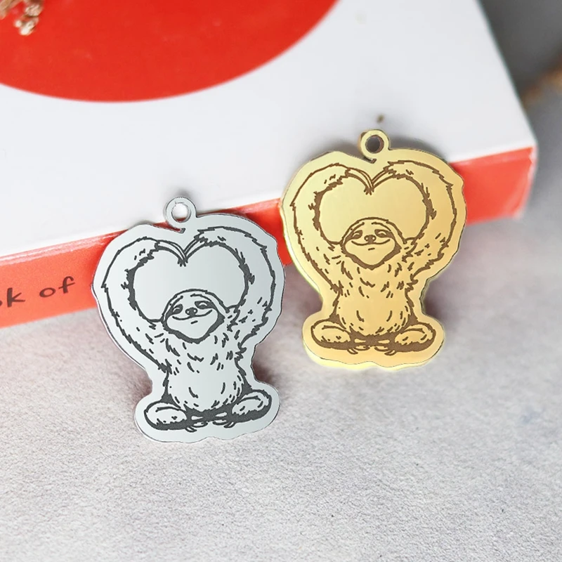 2PCS Stainless Steel Love Heart Arm Happy Sloth Charms For Jewelry Making Pendant DIY Craft Necklace Keychain Cartoon Accessory