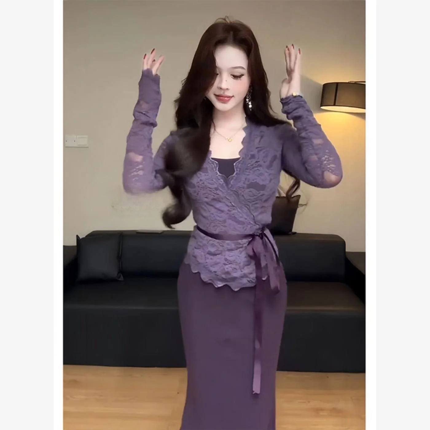 エレ パープル レース オープン カーディガン Vネック レディース ツーピースセット ロングスリーブ ロングドレス ノットラップスカート付き