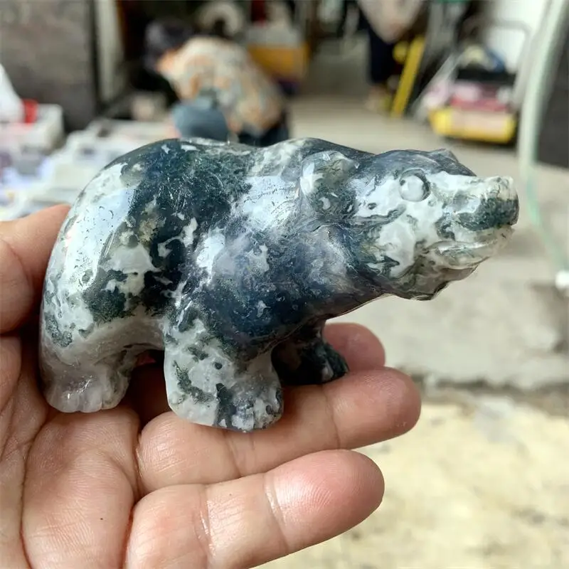 Natural Moss Agate Bear Carving Statue Carved Crafts Animal Polished Healing Figurine Home Ornament DIY Gift 1PCS