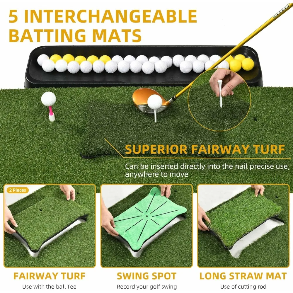 Golf Hitting Mat with 1 Ball Tray, 5×4ft PRO Golf Mat Include 5 Interchangeable Inserts, Golf Mats Practice Outdoor/Indoor.