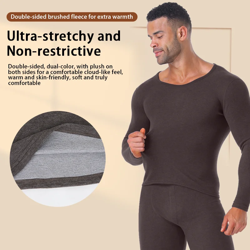 Winter Men\'s Thermal Underwear Keep Warm Long Johns Thickened Wool Silk Base Layer Set Fleece Round Neck Pajamas Set L-4XL