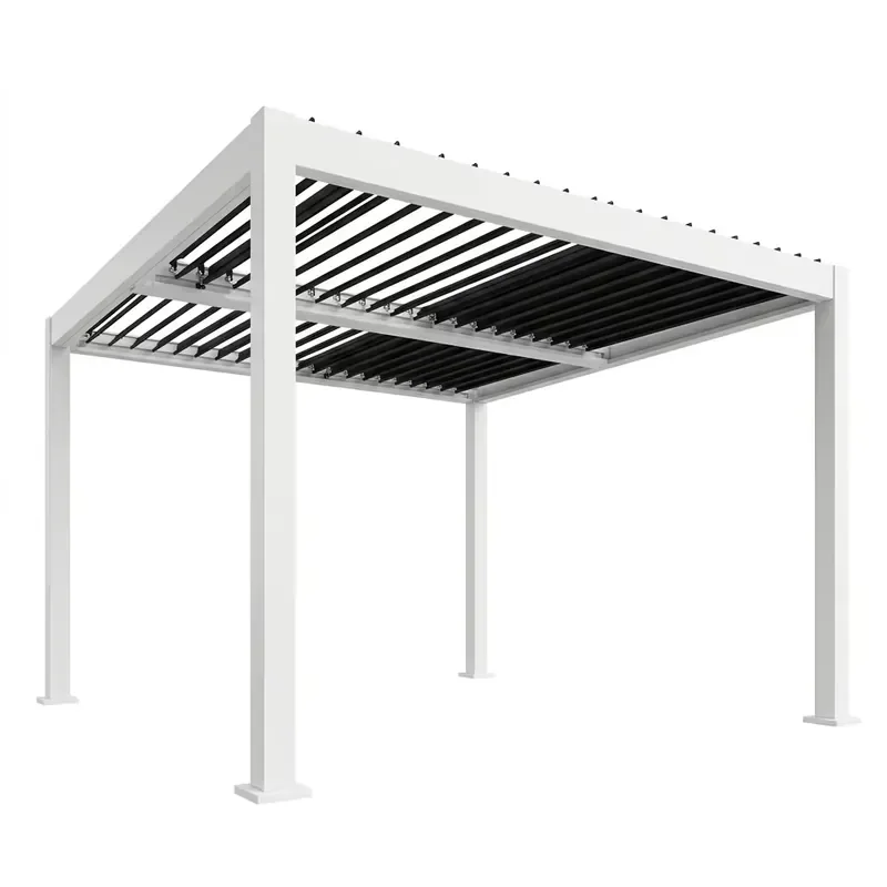 

Modern Bioclimatic Pergola with White Frame Black Motorized Louvered Roof LED Screen Gazebo Design