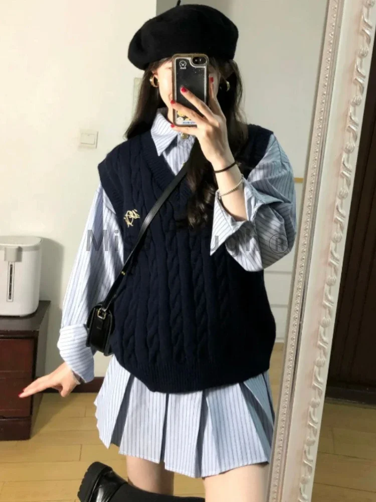 Autumn Preppy Style Lapel 2-piece Set Women Vintage Casual V-neck Solid Knitted Vest Female Fashion Long Sleeve Striped Dress