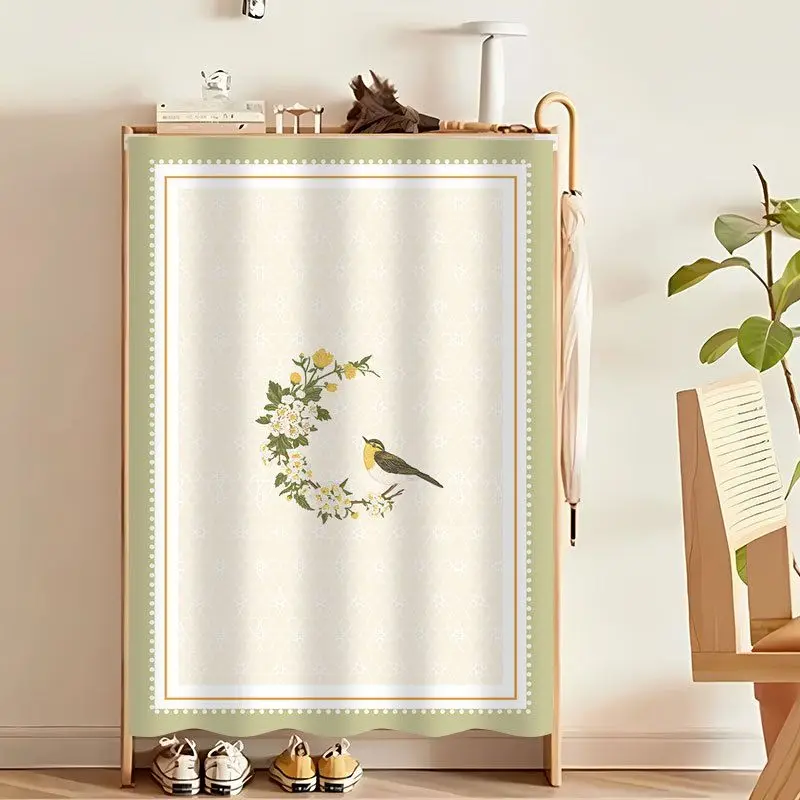 VIKAMA Floral Bird Cabinet Cover Curtain Scalloped Shoe Cabinet Dust Cover Hook-and-Loop No-Drill Entryway Storage Decor