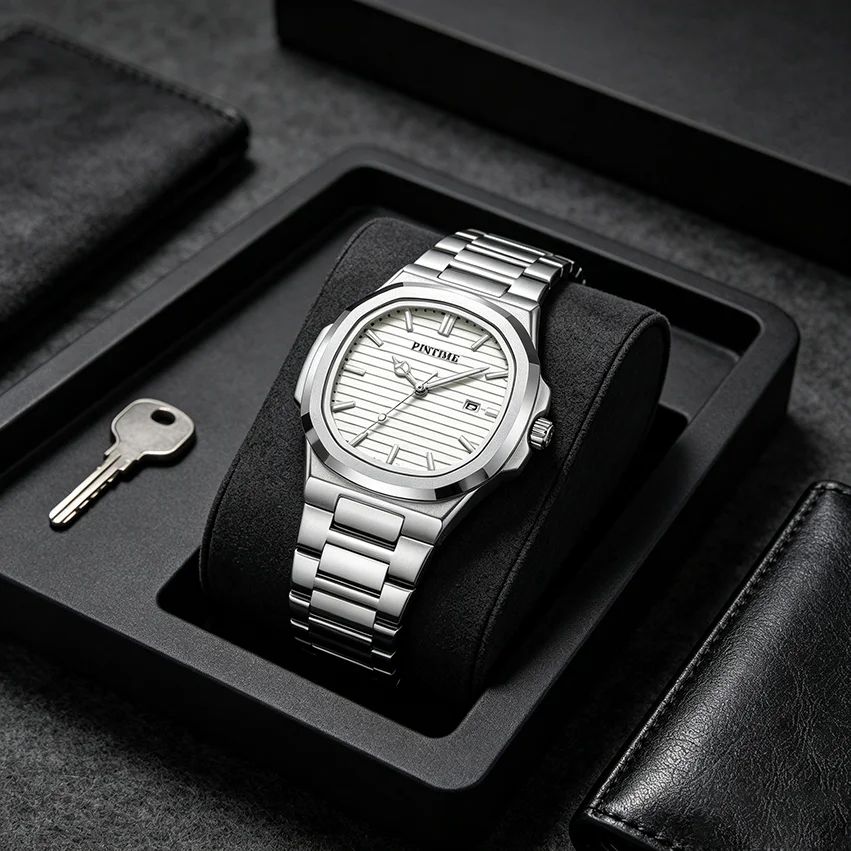 Luxury Man Watch Square Waterproof Luminous Date Week Men Watch Stainless Steel Quartz Men's Watches Reloj+box