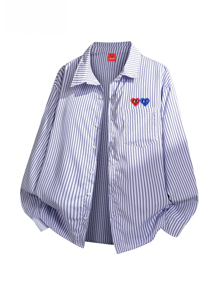 Charles Heart Spring New Double Heart Embroidery Badge Stripe Versatile Breathable Collar Long Sleeve Shirt Couple Casual Style