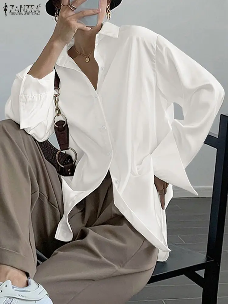 2025ZANZEA Herbst Büro Satin Shirts Mode Frauen Langarm Solide Bluse Frühling Elegante Taste Tops Weibliche OL Arbeit Hemd