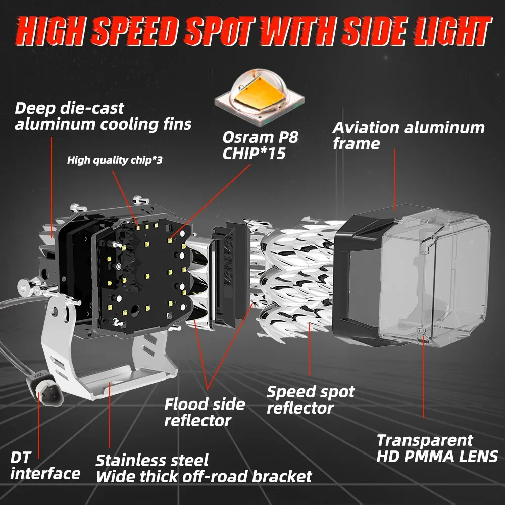 5 Inch 450M IP68 IP69K 4WD 12V 24V Offroad Aux Side Shooter Driving Light DRL for Truck 4X4 4WD With Automotive Wire Harness Kit