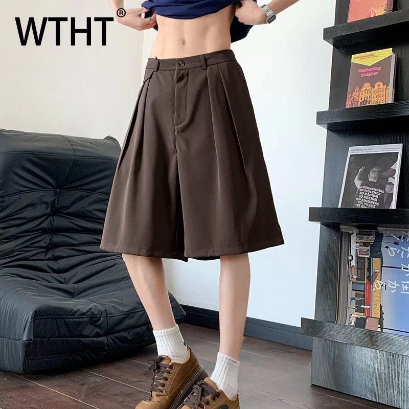 

WTHT модные мужские однотонные плиссированные дизайнерские повседневные шорты модные летние прямые свободные короткие брюки с высокой талией мужские 2A0159