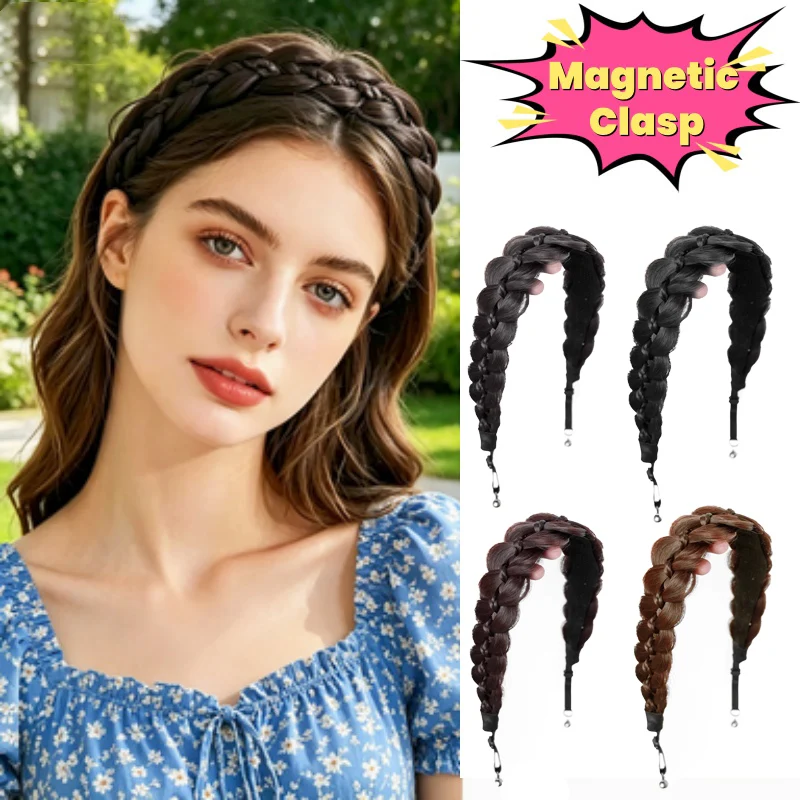 Serre-tête perruque tressé synthétique effet arête de poisson, design à attraction magnétique, extensions de cheveux synthétiques effet arête de poisson volumineuses, élastique