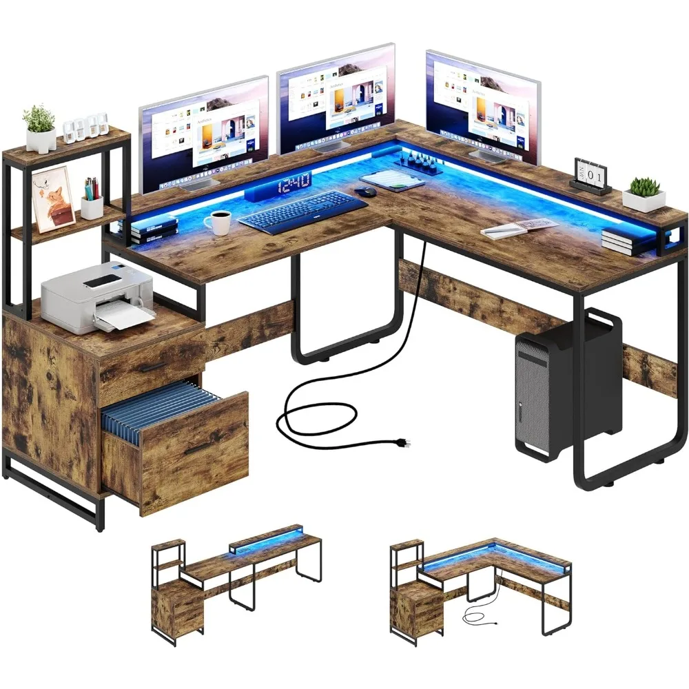 

L Shaped Desk with Power Outlets & LED Lights, Reversible Computer with Drawers & Hutch, Corner Desk Office Desk