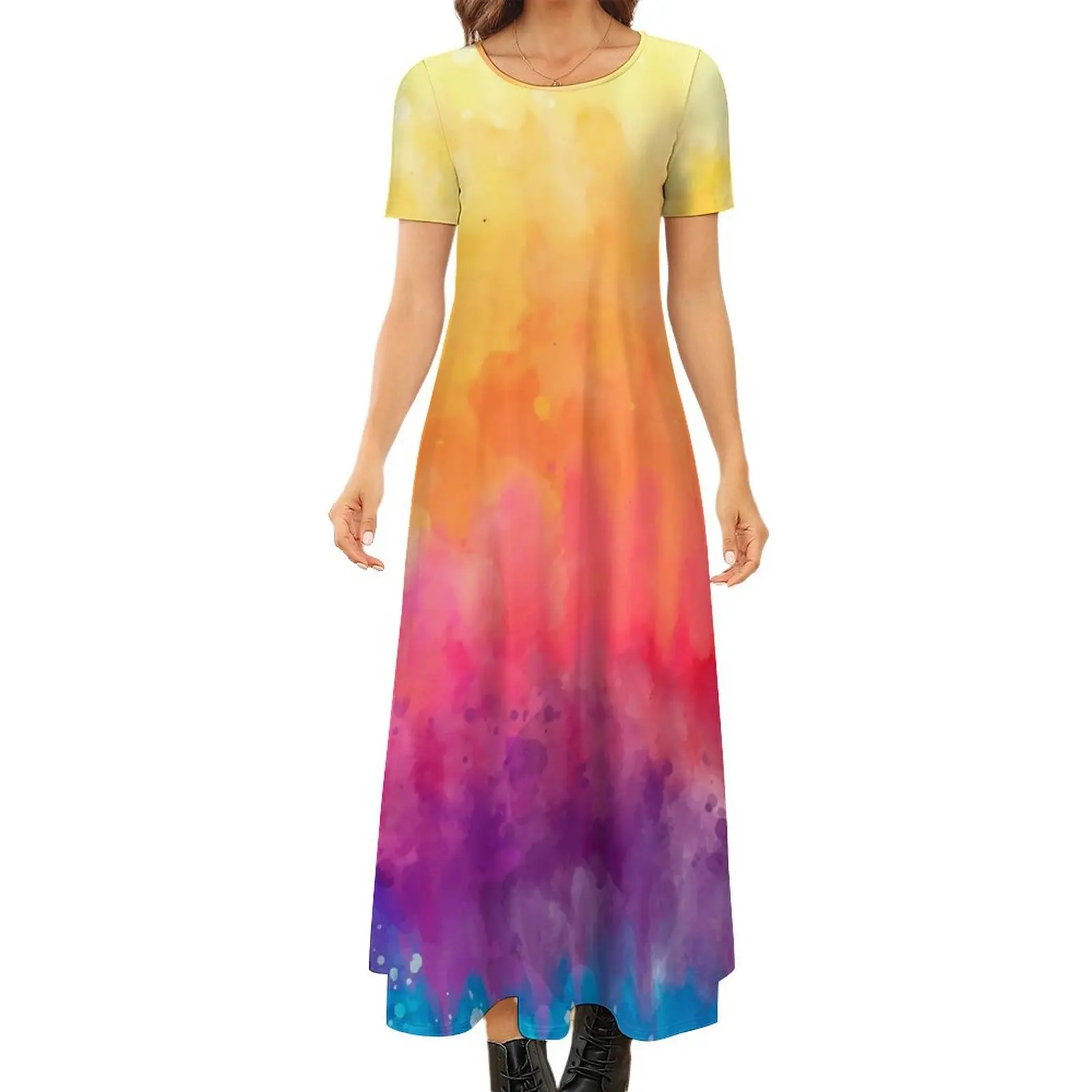 Vestido Maxi de Tie Dye Colorido Feminino, Manga Curta, Kawaii, Estético, Boho, Praia, Vestidos Longos, Laranja, Vermelho, Roxo, 5XL, 6XL, 7XL