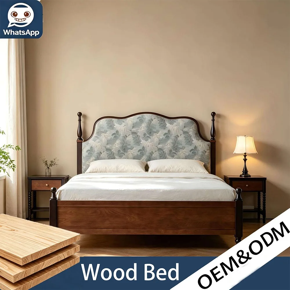 French Vintage Oak Solid Wood 1.8m Double Bed, Mid‑Century Fabric Upholstered Princess Bed for Master Bedroom Home Use