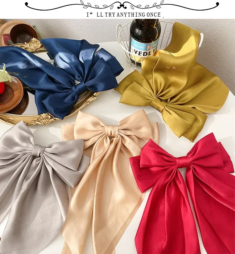 Solid Color Satin Ribbon Big Bows Hairpin Spring Clips Hair Accessories for Women Girls Trendy Korean Summer Headwear 2024