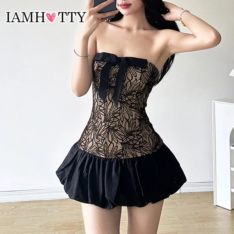 IAMHOTTY French Style Hook Lace Patchwork A-line Tube Dress for Party Evening Holiday Coquette Strapless Bow Mini Robe Chic